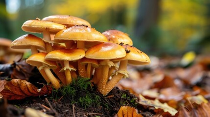 Mushrooms flourishing together on the ground, a natural marvel of fungal growth, Ai Generated.