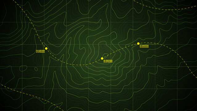 Dark Green Topographical Military Contour Map Vector Graphic Abstract Background. Topography Wavy Lines Pattern Modern Wallpaper. Terrain Relief With Route Geographic Cartography Map Art Illustration