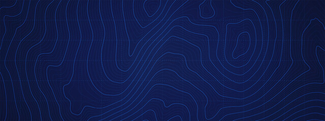 Vivid Blue Military Topography Contour Map Vector Ultra Wide Abstract Background. Topographic Wavy Lines Pattern Modern Panoramic Wallpaper. Terrain Relief Cartography Geographic Map Art Illustration - obrazy, fototapety, plakaty