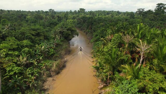 An aerial 4K drone view of a longtail boat sailing down a river in the jungle. The river leads deep into the jungle on the Mentawai Islands in Indonesia.