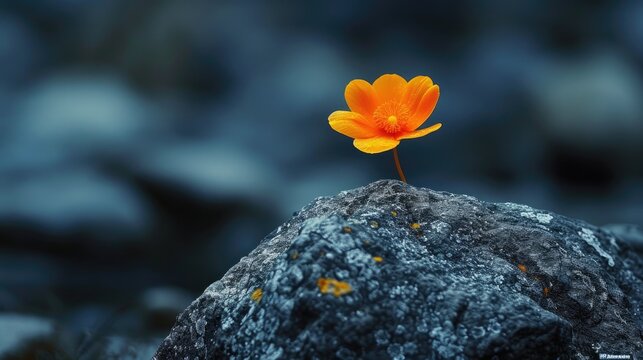 A solitary flower blooms amidst rugged rocks, nature's resilient beauty in harsh terrain, Ai Generated
