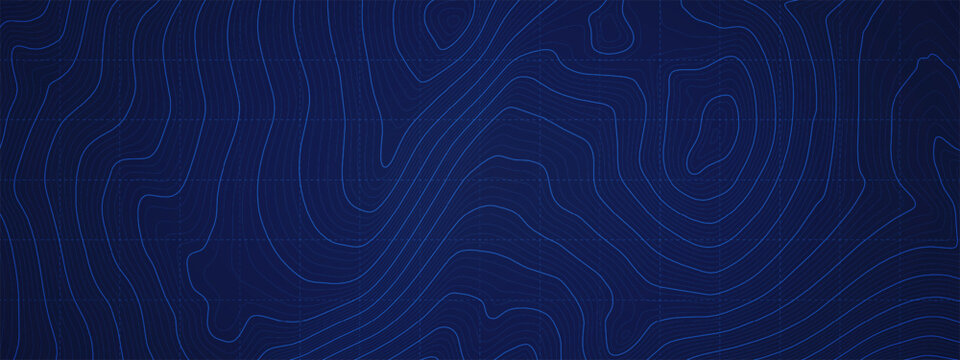 Vivid Blue Military Topography Contour Map Vector Ultra Wide Abstract Background. Topographic Wavy Lines Pattern Modern Panoramic Wallpaper. Terrain Relief Cartography Geographic Map Art Illustration