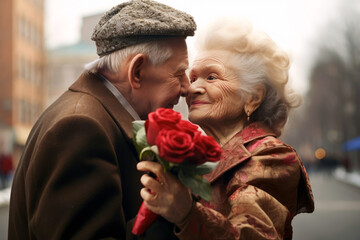 cheerful gray-haired man congratulates his beloved wife on a blurred background of a city street. An elderly woman holds a bouquet of red roses. Elderly Day, Birthday, March 8.