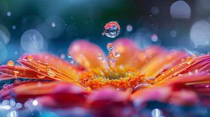 A single raindrop captured mid-splash as it collides with a brightly colored flower petal.