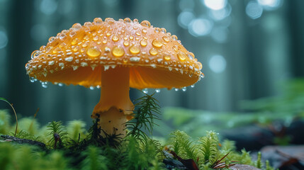 The fascinating details of a raindrop-covered mushroom cap in a dew-kissed forest.