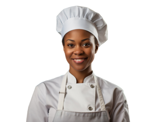 Portrait of a smiling African American chef, front view, transparent, isolated on white background