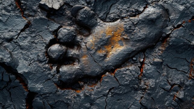 A closeup of a fossilized dinosaur footprint halfburied in a layer of coal and oil symbolizing the imprint of fossil fuels on ancient life.