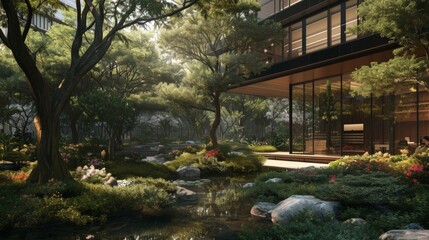 Escape the chaos of city life and enter this serene oasis of an office building nestled within a lush landscape of trees and flowers.