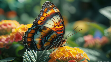 The vibrant hues and intricate patterns on the wings of a resting butterfly in the sun.