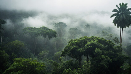 Dense jungle canopy with misty atmosphere