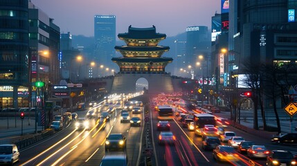Fototapeta premium Busy traffic at Namdaemun gate in Seoul, South Korea