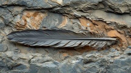 A fossilized feather found in layers of rock indicating the age and evolutionary significance of these feathers in relation to the emergence of birds.