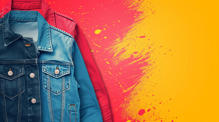 Colorful fashion concept with a vibrant paint splash background and a juxtaposition of a blue denim jacket against a red jacket, background with a place for text, Labor day