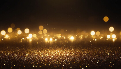 Bokeh wallpaper with golden particles and lights on black background - obrazy, fototapety, plakaty
