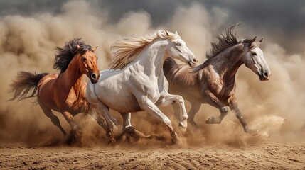 Horses with long mane portrait run gallop in desert dust. image of animal. copy space for text.