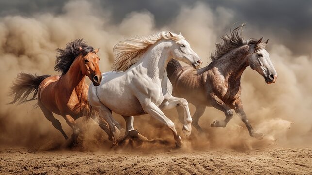 Horses with long mane portrait run gallop in desert dust. image of animal. copy space for text. © Naknakhone
