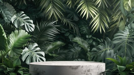 Stone podium with tropical plants and leaves mock-up