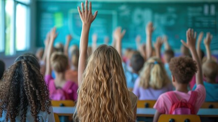 Students raising hand in the classroom