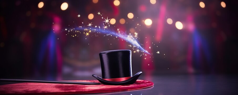 Magic hat and magic wand on red performance stage