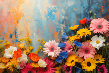 Vibrant bouquet of mixed flowers including daisies and poppies against a textured, colorful abstract painted background, conveying a concept of spring or summer, background with a place for text