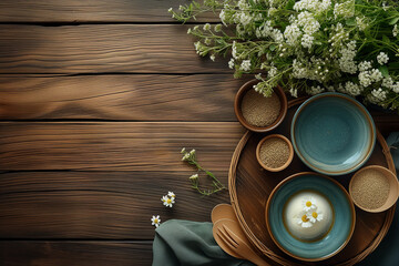 Rustic table setting with ceramic dishware, wooden cutlery, and a bouquet of white flowers on a dark wood background, conveying a natural and eco-friendly concept, background with a place for text