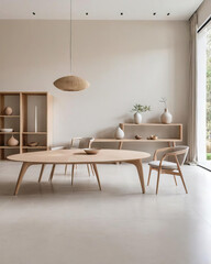Fototapeta na wymiar Sustainable Minimalism - A professional close-up photo of a minimalistic interior workshop with sculptural furniture and neutral color palettes Gen AI