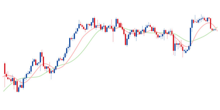 ローソク足チャートのベクターイラスト、赤と青のローソク足と移動平均線
