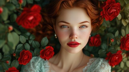 Awesome redhead model expresses emotions. Valentines Day background. Fabulous retro girl with red lips in mint dress on awesome summer background. Woman portrait. Roses bush. Valentine day, Birthday