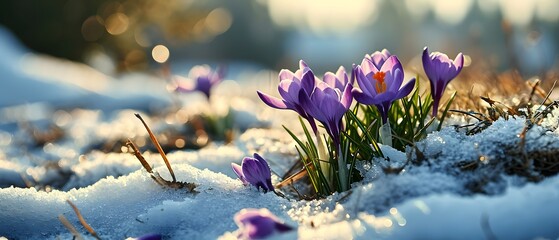 Beautiful crocus flowers in the mountains. Early spring in the Carpathians. - obrazy, fototapety, plakaty