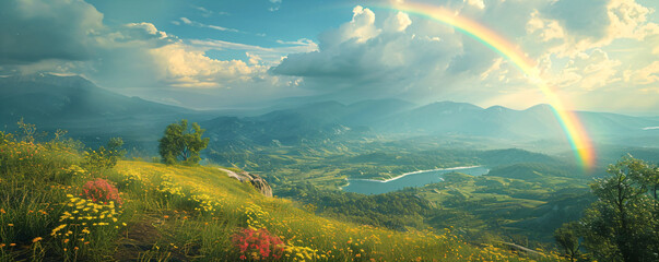 Mountain with colorful rainbow in cloudy sky over field. Nature landscape after storm. Spring...