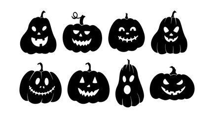 Halooween Pumpkin Jack Icons Set. Scary Doodle Black Silhouette Isolated on White Background. Pumpkin Smile Lantern Illustration Collection. Graphic Spooky Heads for Halloween Poster, Party Invitation