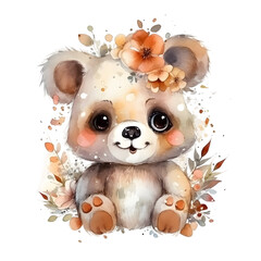 Cute cartoon watercolor bear with flowers on a transparent background