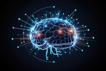 Naklejka na ściany i meble Holographic human brain, 3D, technology, neon , Generative by Ai