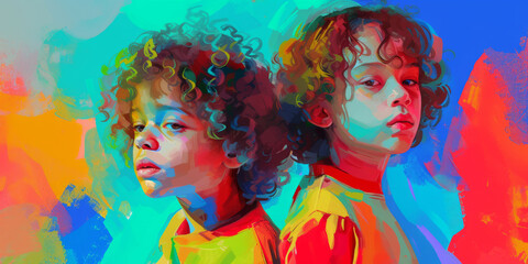 two children in bright colors one of them has curly hair, generative AI