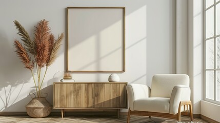 Minimalist composition of living room with brown mock up picture frame, plant, retro armchair, dried tropical leaf, decoration and elegant personal accessories in stylish home decor. Template