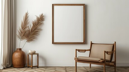 Minimalist composition of living room with brown mock up picture frame, plant, retro armchair, dried tropical leaf, decoration and elegant personal accessories in stylish home decor. Template