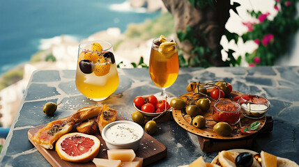 Tapas spread overlooking the sea with drinks, olives, cheese, and tomatoes in Frigiliana, Spain. - obrazy, fototapety, plakaty