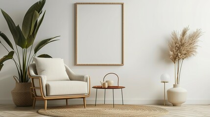 Minimalist composition of living room with brown mock up picture frame, plant, retro armchair, dried tropical leaf, decoration and elegant personal accessories in stylish home decor. Template