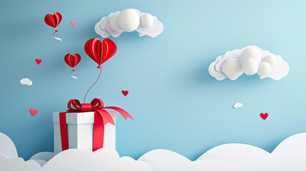 Obraz premium 3D paper art and red balloon heart gift floating in the sky with cloudscape landscape .party,birthday,valentine concept