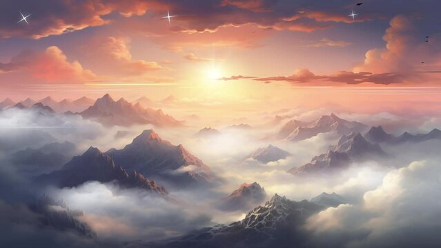 beautiful view above cloudscape and mountains. seamless looping overlay 4k virtual video animation background 