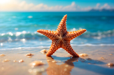 Fototapeta na wymiar A starfish on the background of an azure sea. The concept of a beach holiday.