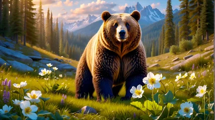 Foto op Aluminium A bear in a blooming meadow © Елена Tomaeva