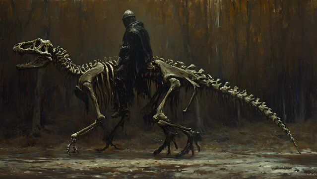 A dark and eerie oil painting of a medieval knight gallantly riding a skeletal dinosaur reflecting the misinterpretation of dinosaur fossils as dragons in medieval times.