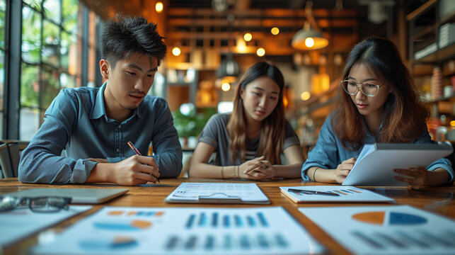 Business meeting time in Asia, photo of a team of young Account Managers working with a new startup. notebook on wooden table Presentation of ideas Analysis of business meeting plans in coffee shops