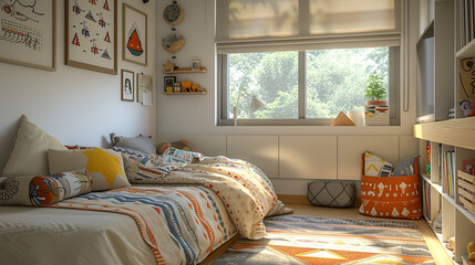 A minimalist child's room with a single bed covered in a quilt with geometric patterns.