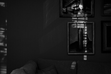 black and white living room at night