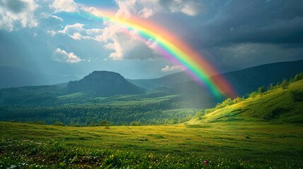 Mountain with colorful rainbow in cloudy sky over field. Nature landscape after storm. Spring morning. St Patrick Day holiday symbol. Background for design card, invitation, banner, poster