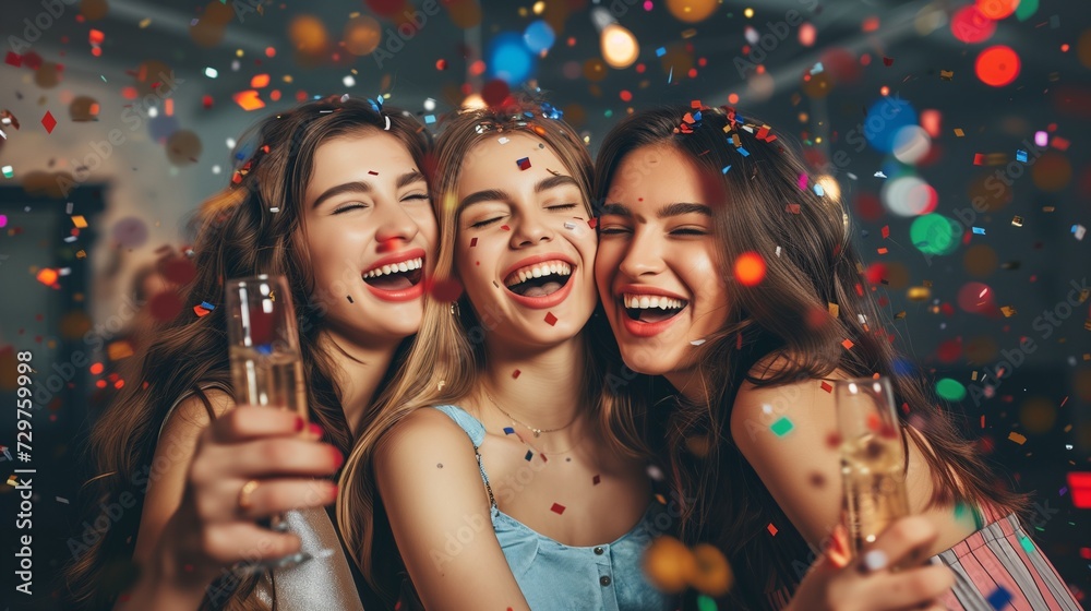 Wall mural a festive and vibrant scene materializes as beautiful girls celebrate the new year. gorgeous smiling