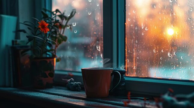 Rainy Evening Coffee: Enjoying a Cup by the Window in the Rain Seamless looping 4k time-lapse virtual video animation background. Generated AI