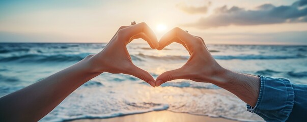 Two couple hands making heart symbol on sunset or sunrise beach background, love and compassion concept